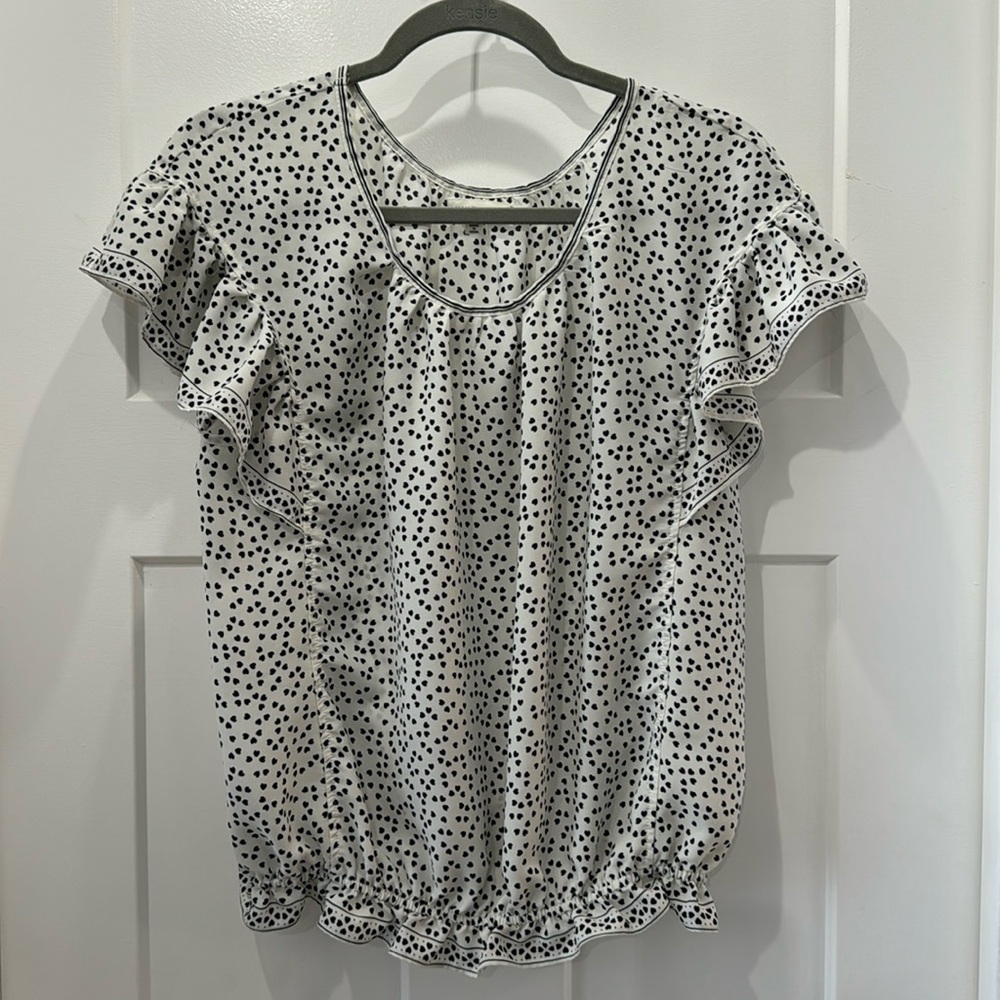 Max Studio Women’s Blouse Size Large White with Black Hearts